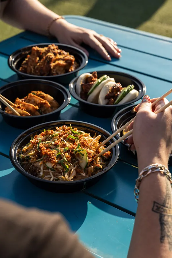 Full spread of food at Dang Dude Sparkman Wharf