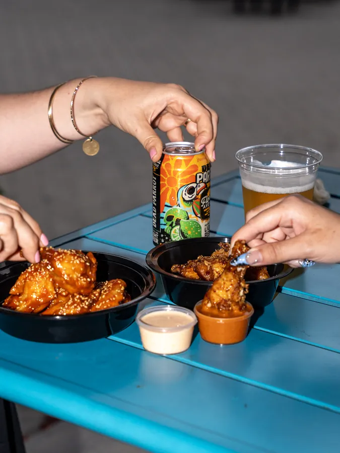 Double fried wings and beer at Dang Dude